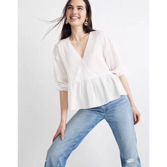 Madewell Bubble-Sleeve Peplum Top Metallic Stripe Faux Wrap Blouse - Picture 1 of 8